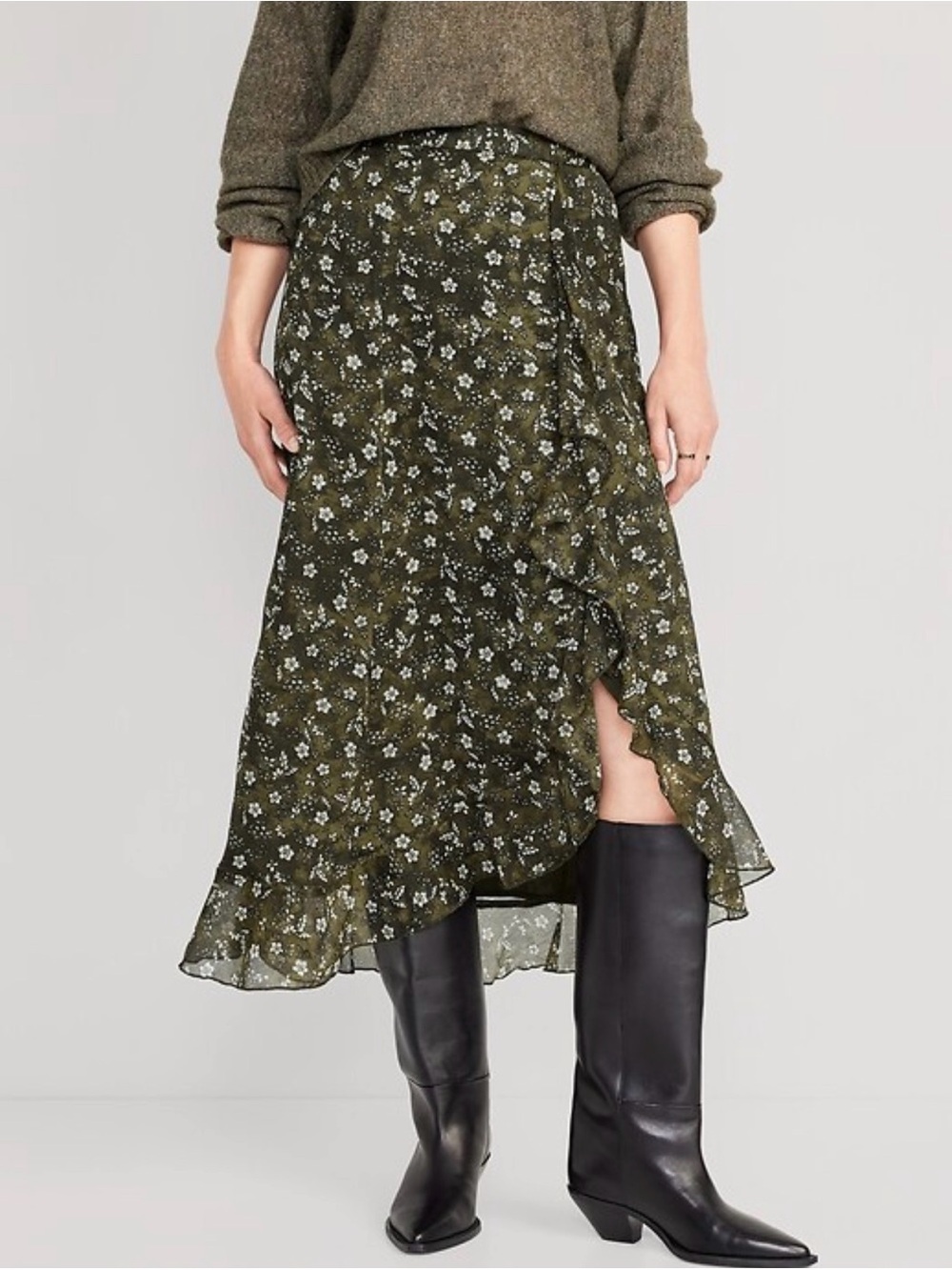 Old Navy SMALL High Waisted Ruffle Trim Dark Green Floral Maxi Skirt Whimsigoth